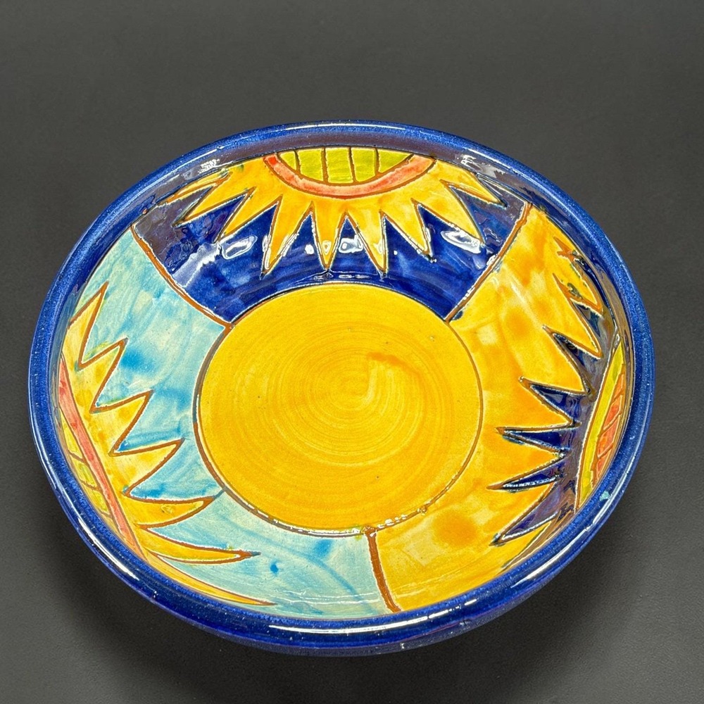 Mexican Talavera Pottery Sun Bowl Dish Hand Painted Ceramic Blue Yellow 6 Inch